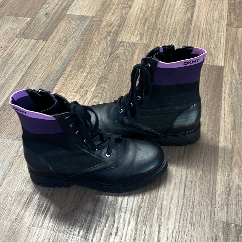 Dkny black boots with purple. Size 5 kids or women’s. Lace up combat style
